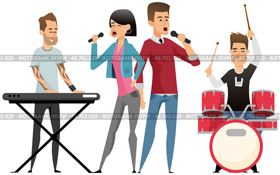 Musicians modern rock group perform on stage. Drummer, keyboardist and happy young girl singer. Acoustic concert, men with instrument at performance with happy fans joyful spectators. Musicians rock group perform on stage. Drummer, keyboardist and happy young girl singer. Стоковая иллюстрация, агентство Ingram Publishing / Фотобанк Лори