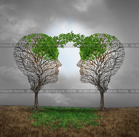 Mutual support and saving one another as a benefit to each other business concept as two sick trees with new leaves growth emerging shaped as a human head providing a revival for success. Стоковое фото, агентство Ingram Publishing / Фотобанк Лори