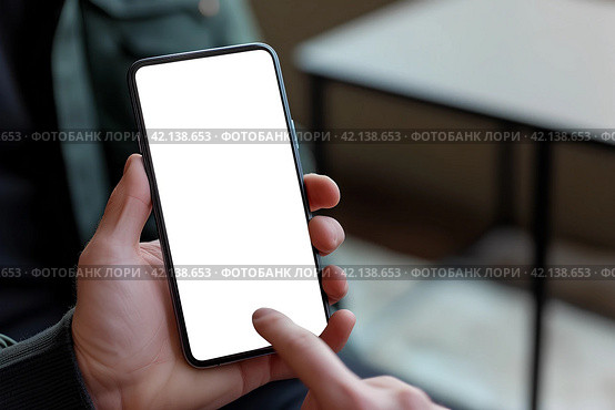 Мужчина держит смартфон, крупным планом руки. Смартфон с белым пустым экраном, свободное место для текста. Generative AI. Стоковое AI-изображение, AI-художник Щеголева Ольга / Фотобанк Лори