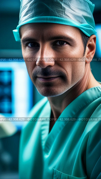 Мужчина хирург в операционной.А male surgeon in operating room.American clinic. Стоковое AI-изображение, AI-художник Галина Беляева / Фотобанк Лори