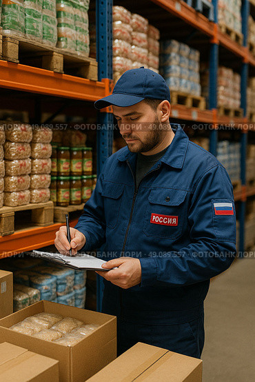 Мужчина на складе, проверяет и сортирует товары, склад окружен полками с продуктами. Стоковое AI-изображение, AI-художник Екатерина Коробкова / Фотобанк Лори