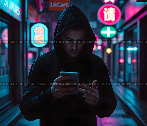 Мужчина с телефоном в руках стоит на улице. Стоковое AI-изображение, AI-художник Boostport / Фотобанк Лори