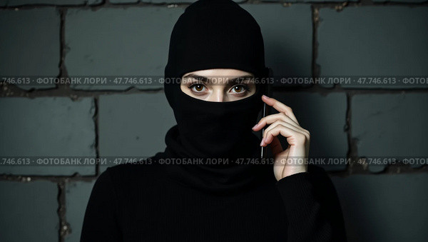 Mysterious androgynous portrait in balaclava. Стоковое AI-изображение, AI-художник Андрей Бакусов / Фотобанк Лори
