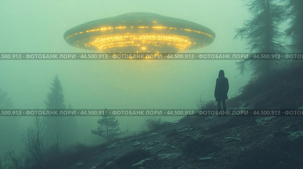 Mysterious glowing UFO hovers above a foggy forest as a solitary figure curiously observes in twilight conditions. Стоковое AI-изображение, AI-художник Сергей Толмачёв / Фотобанк Лори