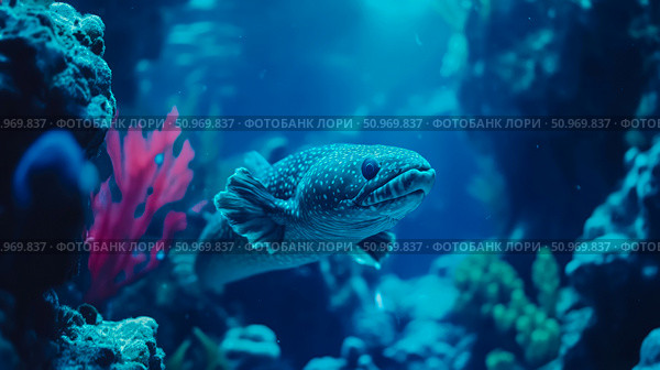 Mysterious spotted marine creature with unique lobed fins, gracefully swimming amidst vibrant coral and red underwater flora in a deep blue illuminated aquarium. Стоковое AI-изображение, AI-художник Данила Большаков / Фотобанк Лори