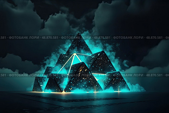 Mystic Elevation: striking blue and black background featuring a captivating pyramid at its center, evoking an aura of mystery and intrigue. Стоковое AI-изображение, AI-художник Данила Большаков / Фотобанк Лори