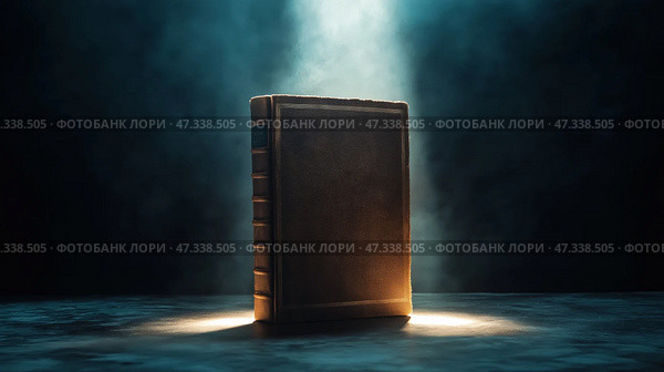 Mystical book illuminated in a dark atmosphere revealing secrets. Мистическая книга, освещенная в темной атмосфере и раскрывающая секреты. Стоковое AI-изображение, AI-художник Katsiaryna Repich / Фотобанк Лори
