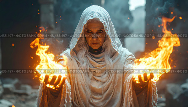 Mystical elderly sorceress conjuring fire in ancient ruins, representing feminine power, fantasy storytelling and mythological magic tradition. Стоковое AI-изображение, AI-художник Igor Tichonow / Фотобанк Лори