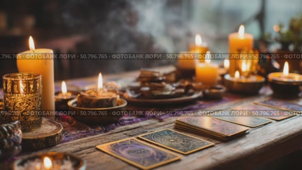 Mystical tarot reading session in a cozy candlelit setting with enchanting decor. Стоковое AI-видео, аниматор Ekaterina Ismagilova / Фотобанк Лори