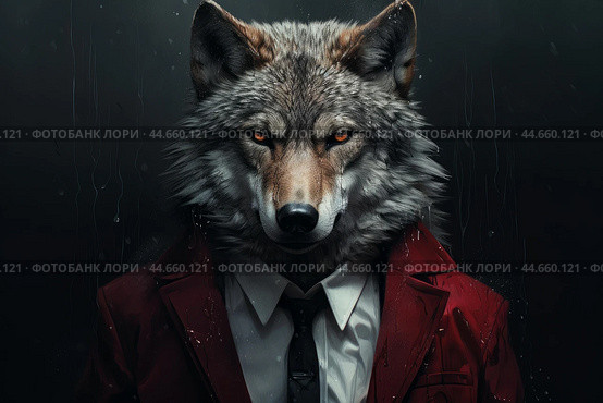 Mystical wolf in suit: leadership and power. Стоковое AI-изображение, AI-художник Иван Рябоконь / Фотобанк Лори