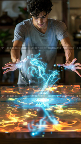 Mystical Young Man Conjuring Holographic Energy on a Vibrant Table for Futuristic Innovation Poster. Стоковое AI-изображение, AI-художник Данила Большаков / Фотобанк Лори