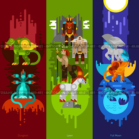 Mythical Creatures Banners Vertical. Three banners flat of mythical creatures with dungeon and lawn and full moon set vertical vector illustration. Стоковая иллюстрация, агентство Ingram Publishing / Фотобанк Лори