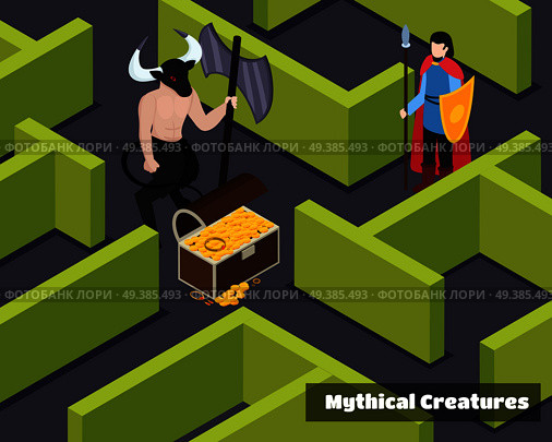 Mythical creatures isometric composition with monster protector of treasure and armed warrior at green labyrinth vector illustration. Mythical Creatures Isometric Composition. Стоковая иллюстрация, агентство Ingram Publishing / Фотобанк Лори