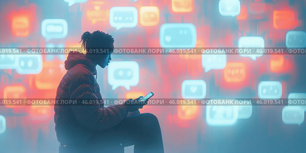 На фотографии изображена сидящая женщина, держащая в руках телефон с уведомлениями и иконками говорящие о работе медиа-сетей. Стоковое AI-изображение, AI-художник Ярославский Максим / Фотобанк Лори