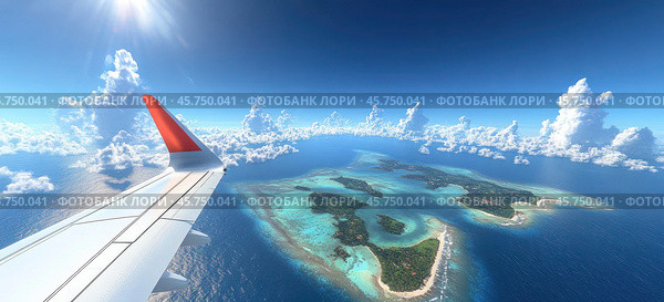 На фотографии, сделанной из иллюминатора самолета, был запечатлен живописный тропический остров: изумрудная зелень, белый песок и бирюзовая вода. Стоковое AI-изображение, AI-художник Ярославский Максим / Фотобанк Лори