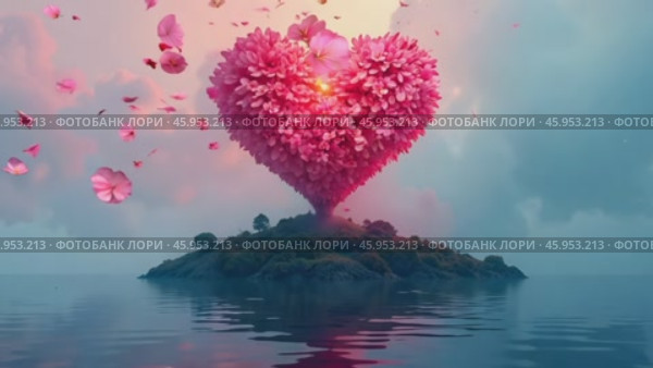 На острове расположено сердце в форме цветка. Любящее сердце наполняет весь остров. Стоковое AI-видео, аниматор Антон Слабоспицкий / Фотобанк Лори