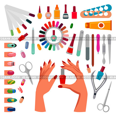 Nail art, poster with samples and tools, hands holding botle with polish, tube with essential oil, toe separator vector illustration isolated on white. Nail Art Samples and Tools Vector Illustration. Стоковая иллюстрация, агентство Ingram Publishing / Фотобанк Лори