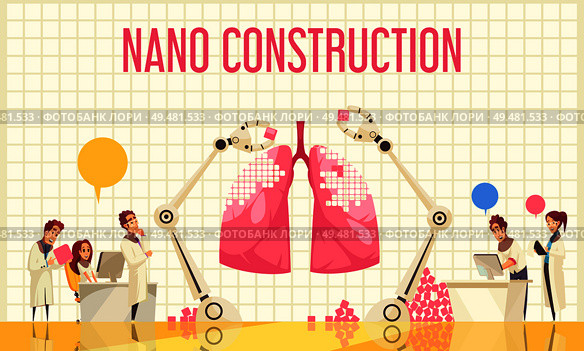 Nano construction flat vector illustration with group of scientists watching unique operation over recovery of lung by nanotechnologies. Nano Construction Flat Illustration . Стоковая иллюстрация, агентство Ingram Publishing / Фотобанк Лори