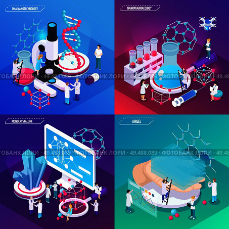 Nanotechnology 2x2 design concept set of airgel monocrystalline dna square compositions isometric vector illustration. Стоковая иллюстрация, агентство Ingram Publishing / Фотобанк Лори