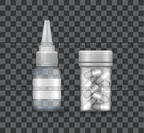 Nasal spray and container with capsule pills set of bottles treatment remedies, empty items with drops for nose, packages aerosol aids, vector transparent. Nasal Spray and Container Capsule Pills Set Bottle. Стоковая иллюстрация, агентство Ingram Publishing / Фотобанк Лори