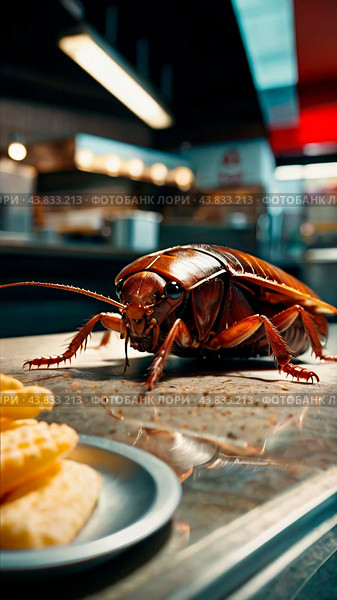 Насекомые в ресторане. Insects in Restaurant: Cockroaches. AI Generated. Стоковое AI-изображение, AI-художник Алексей Траст / Фотобанк Лори