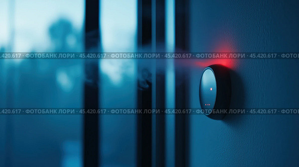Настенный интеллектуальный датчик дыма и угарного газа с технологией на базе искусственного интеллекта, издающий красный сигнал тревоги при обнаружении дыма, повышая безопасность дома. Стоковое AI-изображение, AI-художник ФотоИнтеллект / Фотобанк Лори