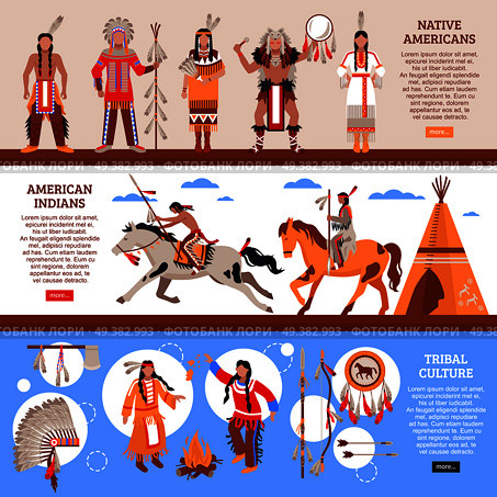 Native americans horizontal banners with indians in national clothes wigwam and element of tribal culture cartoon vector illustration. Native Americans Horizontal Banners. Стоковая иллюстрация, агентство Ingram Publishing / Фотобанк Лори