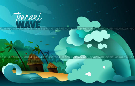 Natural disasters stylized colorful poster with colossal tsunami wave crashing ashore devastating bungalows and palms vector illustration. Стоковая иллюстрация, агентство Ingram Publishing / Фотобанк Лори
