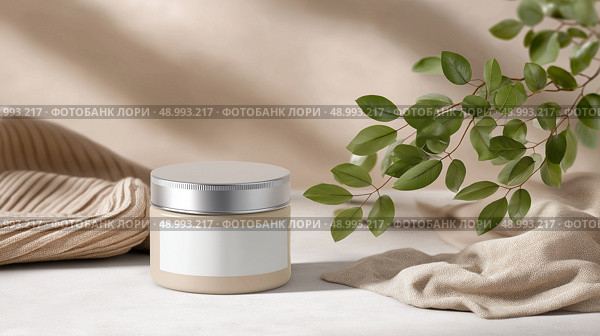 Natural skincare product displayed on a neutral background with green leaves. Стоковое AI-изображение, AI-художник Katsiaryna Repich / Фотобанк Лори