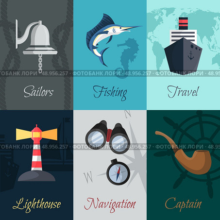 Nautical sea travel mini posters sailors fishing travel set isolated vector illustration. Стоковая иллюстрация, агентство Ingram Publishing / Фотобанк Лори
