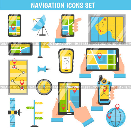 Navigation Flat Color Decorative Icons . Navigation flat color icons set with routing and maps on screen of mobile phones in people hands isolated vector illustration. Стоковая иллюстрация, агентство Ingram Publishing / Фотобанк Лори