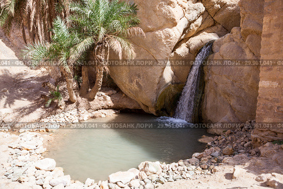 Небольшой водопад в оазисе Chebika (Шебика), в горах Djebel el Negueb, вилайет Таузар (Tozeur), Тунис, Африка (2012 год). Стоковое фото, фотограф Кекяляйнен Андрей / Фотобанк Лори