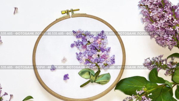 Needlework and craft. Video of embroidery with satin ribbons of sprig blooming lilac in round hoop on white background. Handmade gift. Embroidery as a hobby. Flat lay, close-up, top view. Стоковое видео, видеограф Виктория Катьянова / Фотобанк Лори