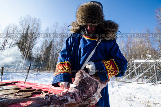 Ненец делает строганину. Национальная ненецкая еда. Мороженое мясо. Стоковое фото, фотограф Яковлев Сергей / Фотобанк Лори
