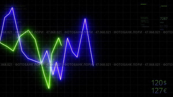 Neon chart moving up and down on digital computer screen with dark background. Стоковое фото, фотограф David Kashakhi / Фотобанк Лори