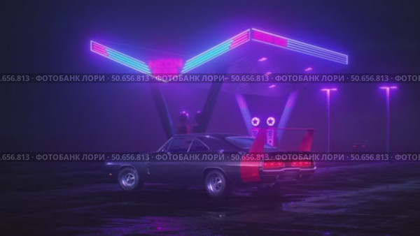 Neon gas station and retro car. Cyberpunk fog rain and night. Colour reflections on asphalt. Dodge Charger Daytona Hemi. 3d illustration. 4K video. Стоковая анимация, аниматор Николай Евсюков / Фотобанк Лори