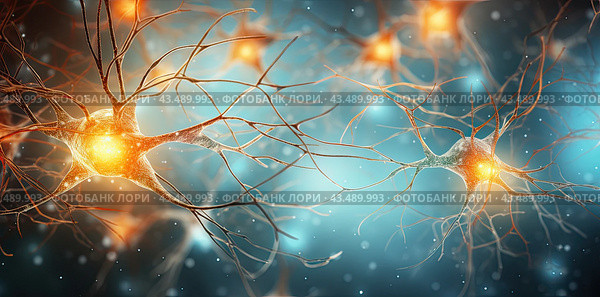 Neural network in the brain, biotechnology, natural intelligence system, connection of several cells, data transmission. The concept of mind. Стоковое AI-изображение, AI-художник Ярославский Максим / Фотобанк Лори