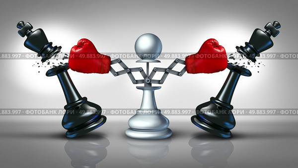 New competition business concept with a chess pawn punching and destroying competitors as two king pieces with hidden red boxing gloves as a metaphor for innovative corporate attack strategy and planning to win. Стоковое фото, агентство Ingram Publishing / Фотобанк Лори