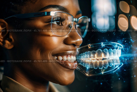 New digital artificial intelligence technologies in dental prosthetics. Implants. A black female dentist with a perfect smile and digital dental graphics on a virtual screen. The concept of dental health and dental care. Стоковое AI-изображение, AI-художник Photojuli / Фотобанк Лори