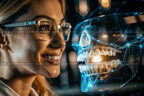New digital artificial intelligence technologies in dental prosthetics. Implants. A female dentist with a perfect smile and digital dental graphics on a virtual screen. The concept of dental health and dental care. Стоковое AI-изображение, AI-художник Photojuli / Фотобанк Лори