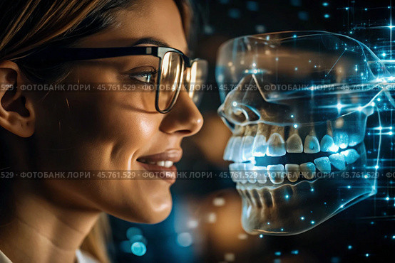 New digital artificial intelligence technologies in dental prosthetics. Implants. A female dentist with a perfect smile and digital dental graphics on a virtual screen. Стоковое AI-изображение, AI-художник Photojuli / Фотобанк Лори