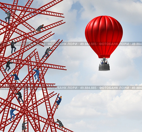 New strategy and independent thinker symbol and new innovative thinking leadership concept or individuality as a group of people climbing ladders in confusing directions with one team of employees in a red balloon going up in a clear direction. Стоковое фото, агентство Ingram Publishing / Фотобанк Лори