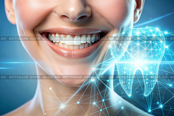 New technologies in dental prosthetics. Implants. Close-up of a smiling woman with a healthy perfect smile. The concept of dental health and dental care. Стоковое AI-изображение, AI-художник Photojuli / Фотобанк Лори