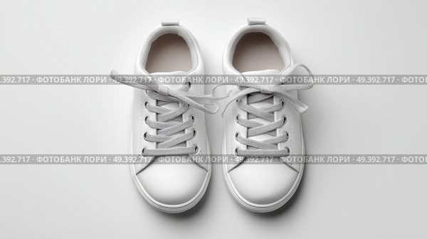New white sneakers on a neutral background perfect for casual outfits. Новые белые кроссовки на нейтральном фоне идеально подходят для повседневных нарядов. Стоковое AI-изображение, AI-художник Katsiaryna Repich / Фотобанк Лори