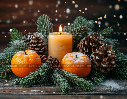 New Year candle, tangerines, Christmas tree decorations, still life. Festive atmosphere of the New Year, blurred background of colored lights. Стоковое AI-изображение, AI-художник Сергей Елизарьев / Фотобанк Лори