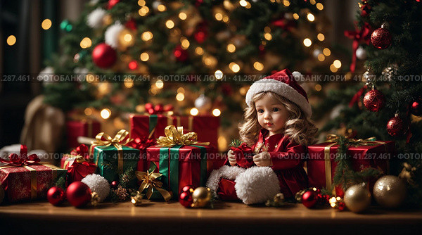 New Year gifts, Christmas decorations and toy doll. Стоковое AI-изображение, AI-художник Степан Хаджи / Фотобанк Лори
