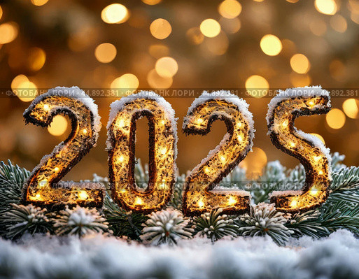 New Year's numbers "2025" on snow-covered spruce branches, blurred background of multi-colored New Year's lights. New Year's card. Стоковое AI-изображение, AI-художник Сергей Елизарьев / Фотобанк Лори