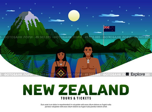 New zealand background with editable text description and doodle characters of natives in front of landscape vector illustration. Стоковая иллюстрация, агентство Ingram Publishing / Фотобанк Лори