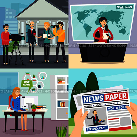 News orthogonal design concept including reporter with interview, tv studio with program, blogger, newspaper isolated vector illustration  . News Orthogonal Concept. Стоковая иллюстрация, агентство Ingram Publishing / Фотобанк Лори