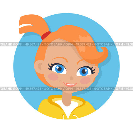Nice Smiling Girl with Pigtail. Cartoon Style. Girl with red pigtail and forelock avatar userpic. Portrait of nice female person with blue eyes. White t-shirt, yellow jacket. Simple cartoon style. Front view. Flat design. Vector illustration. Стоковая иллюстрация, агентство Ingram Publishing / Фотобанк Лори
